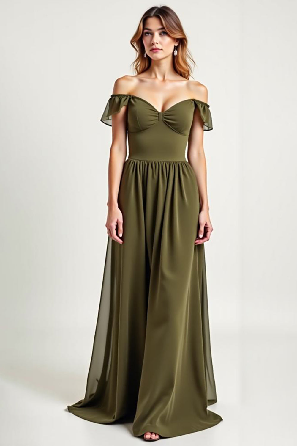 Olive Chiffon Long Off the Shoulder Formal Dress