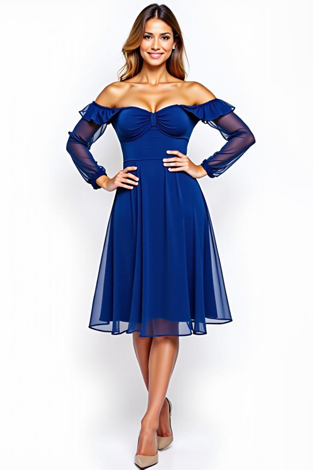 Off the Shoulder Chiffon Royal Blue Knee-Length Formal Dress
