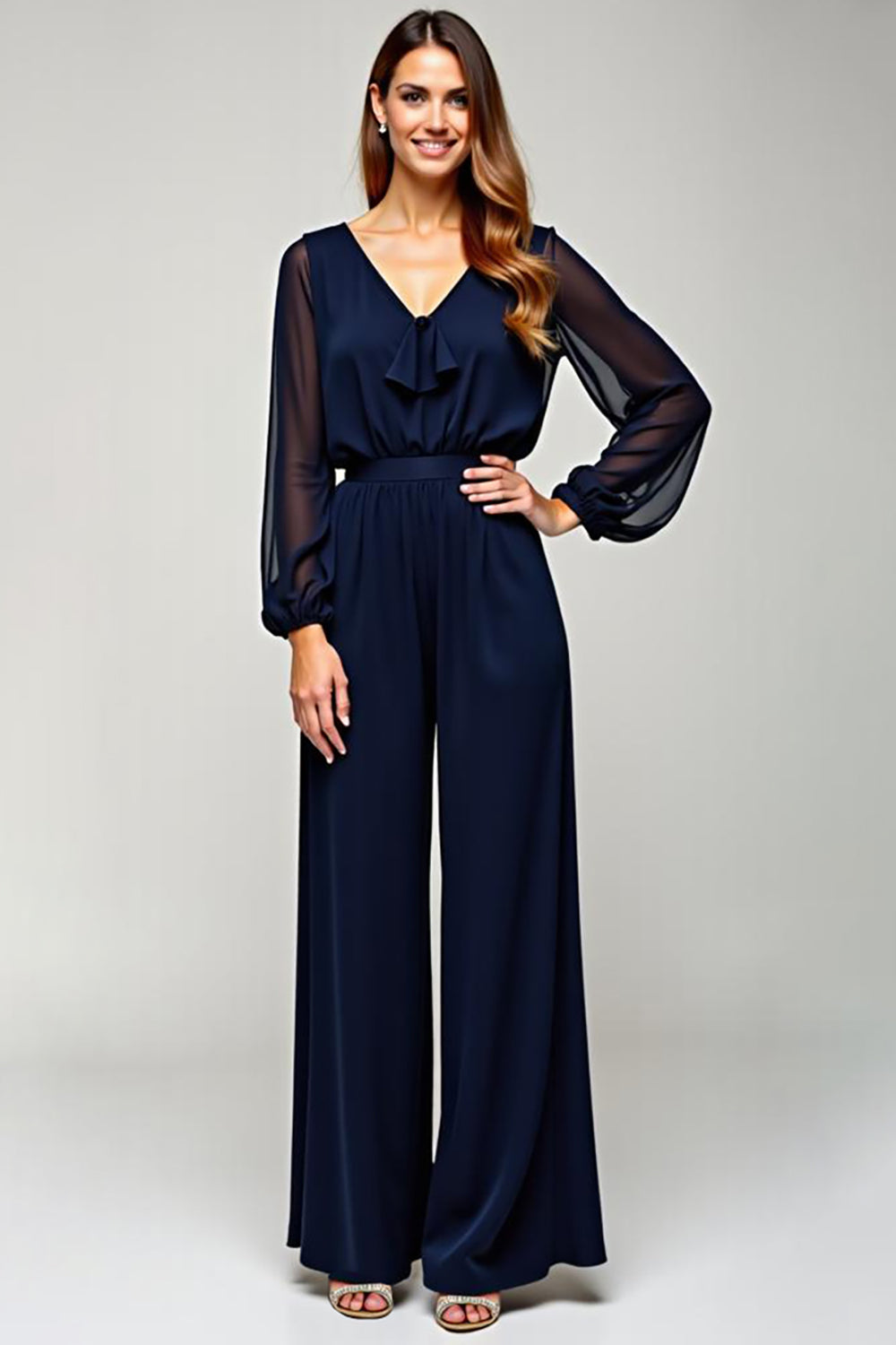 V-Neck Long Navy Chiffon Formal Jumpsuit