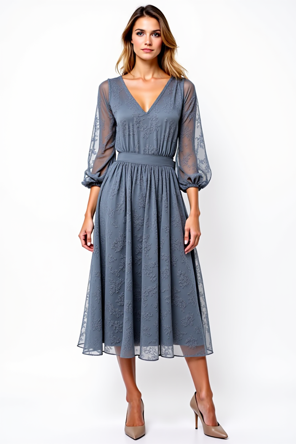 V-Neck Knee-Length A Line Grey Formal Dress with Lace