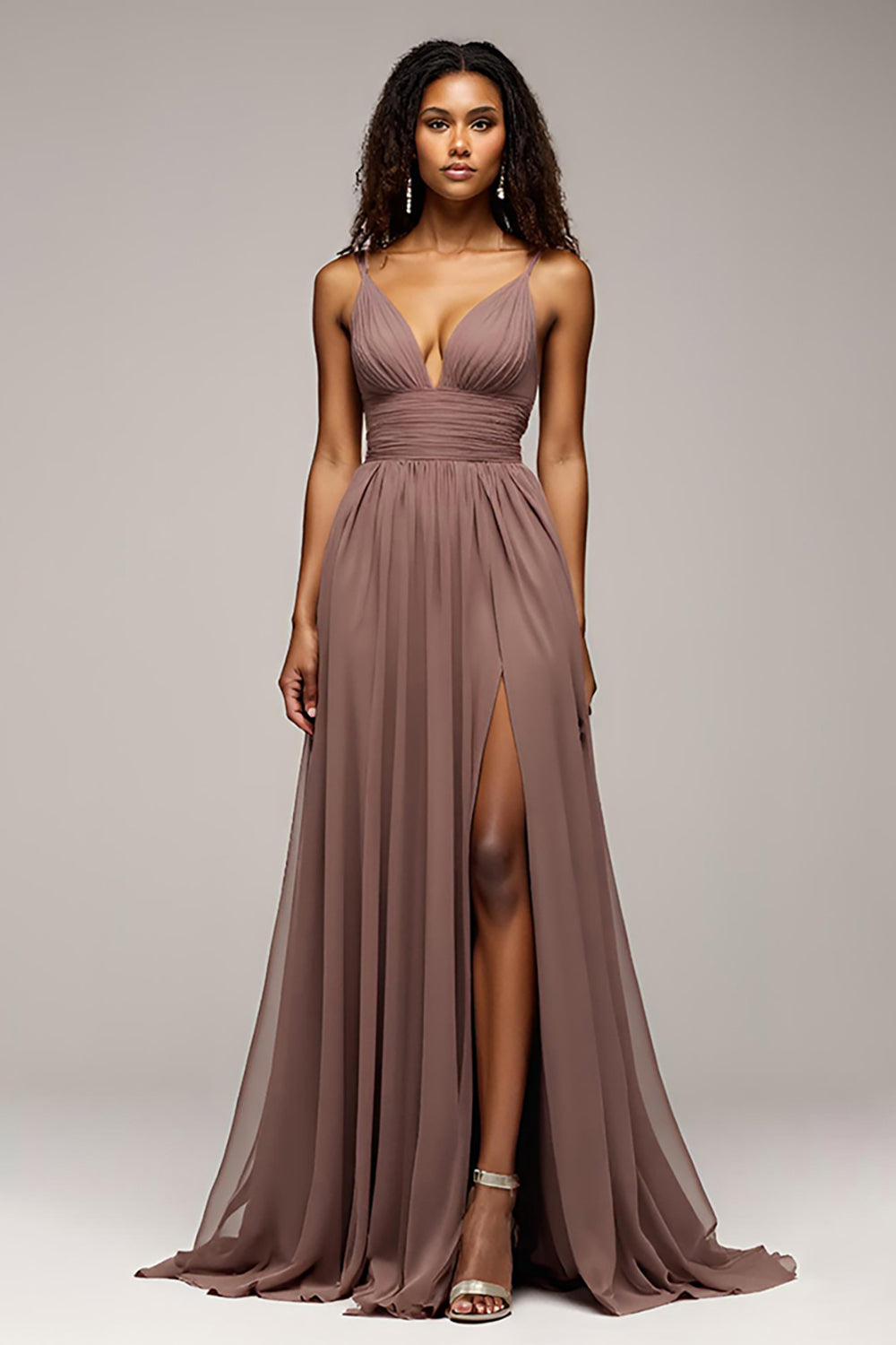 Deep V-Neck Chiffon Dusk Long Formal Dress with Slit
