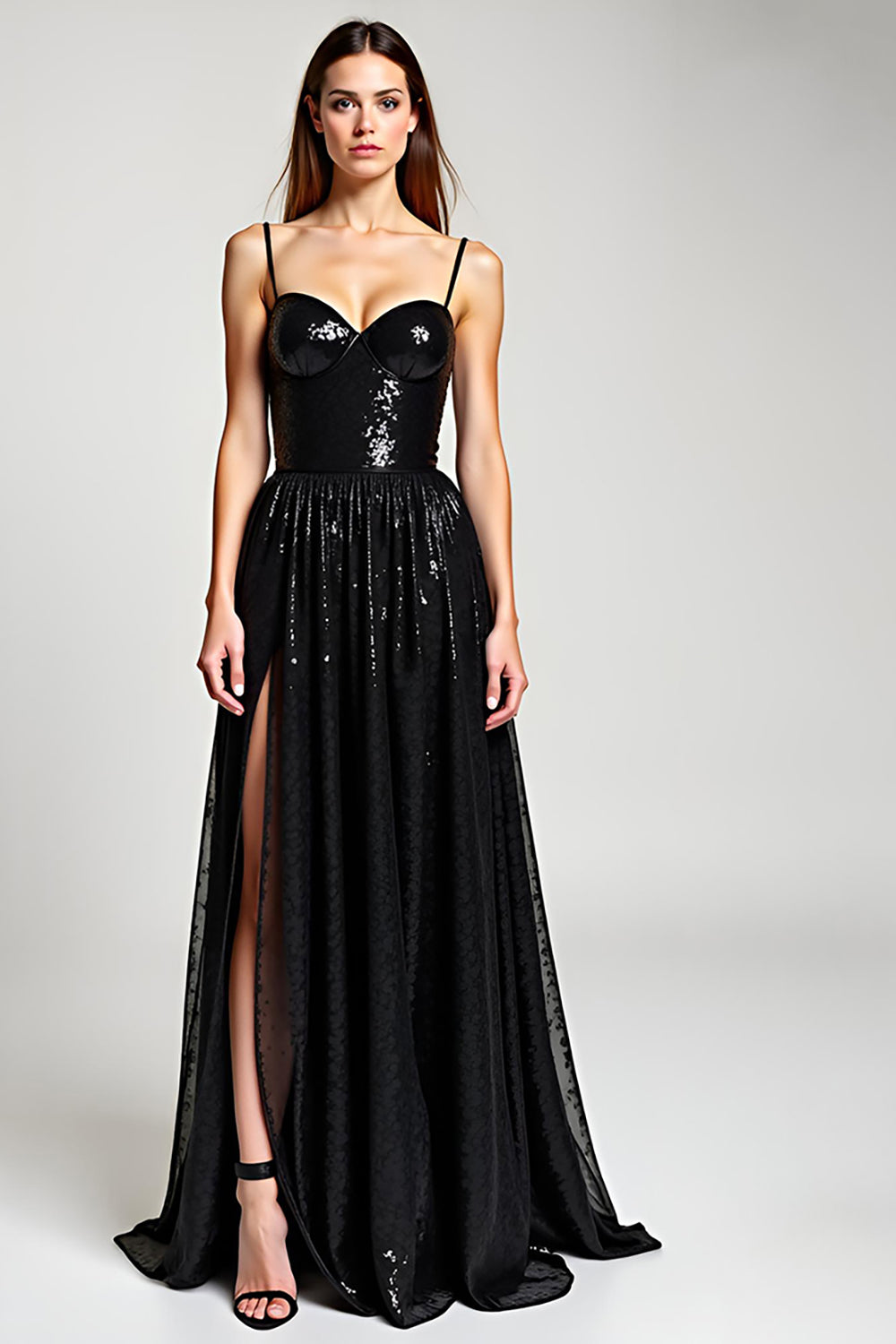 A Line Sparkly Black Long Formal Dress with Slit