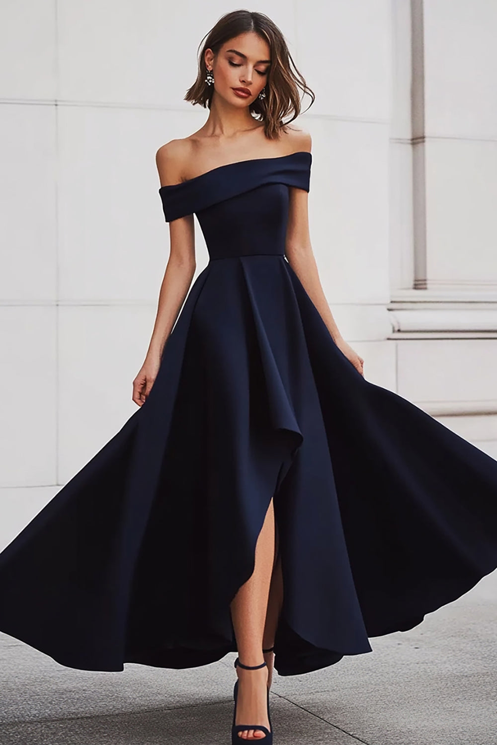 Off the Shoulder A Line Black Long Formal Dress with Slit