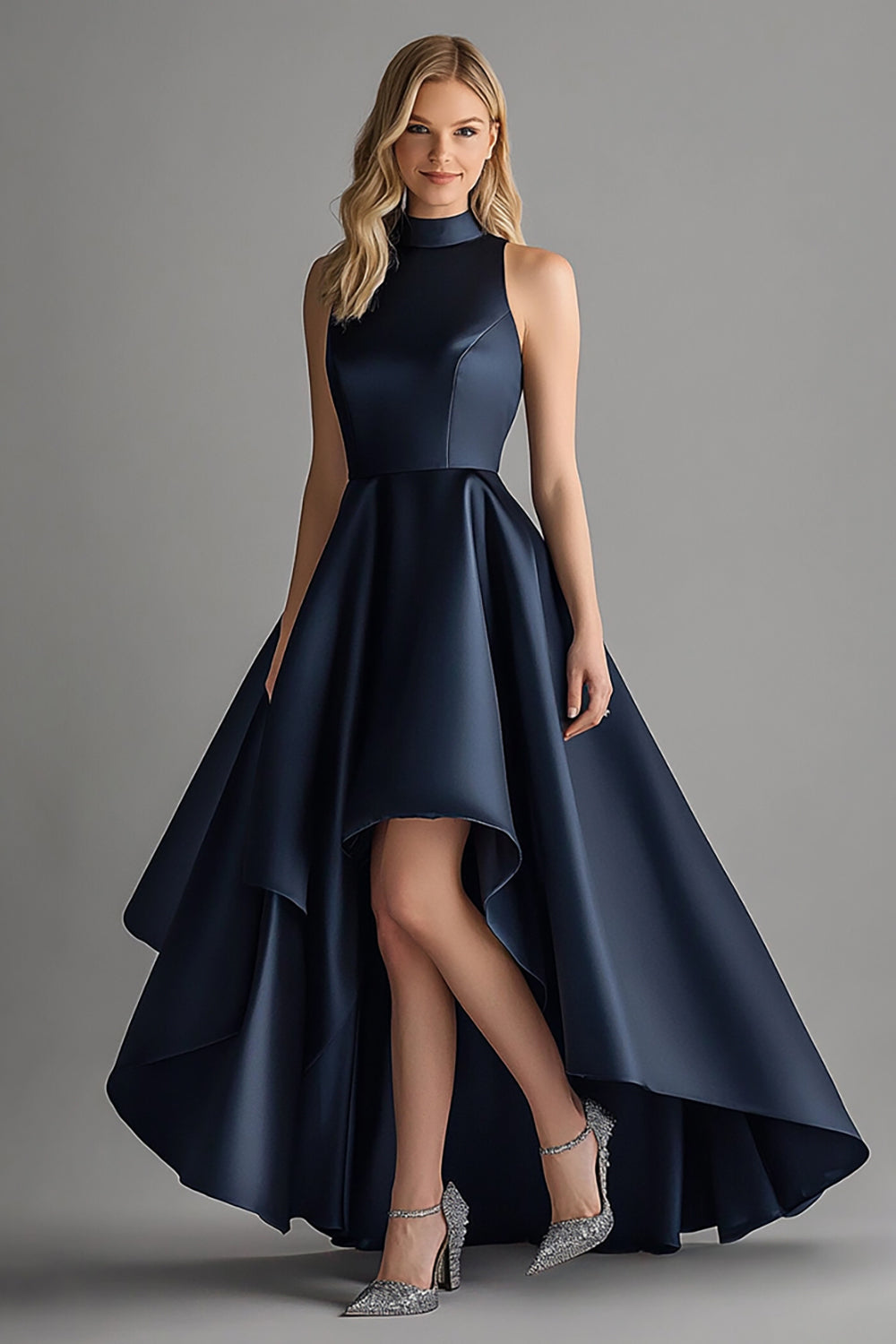 Asymmetrical Navy A Line High-Low Formal Dress
