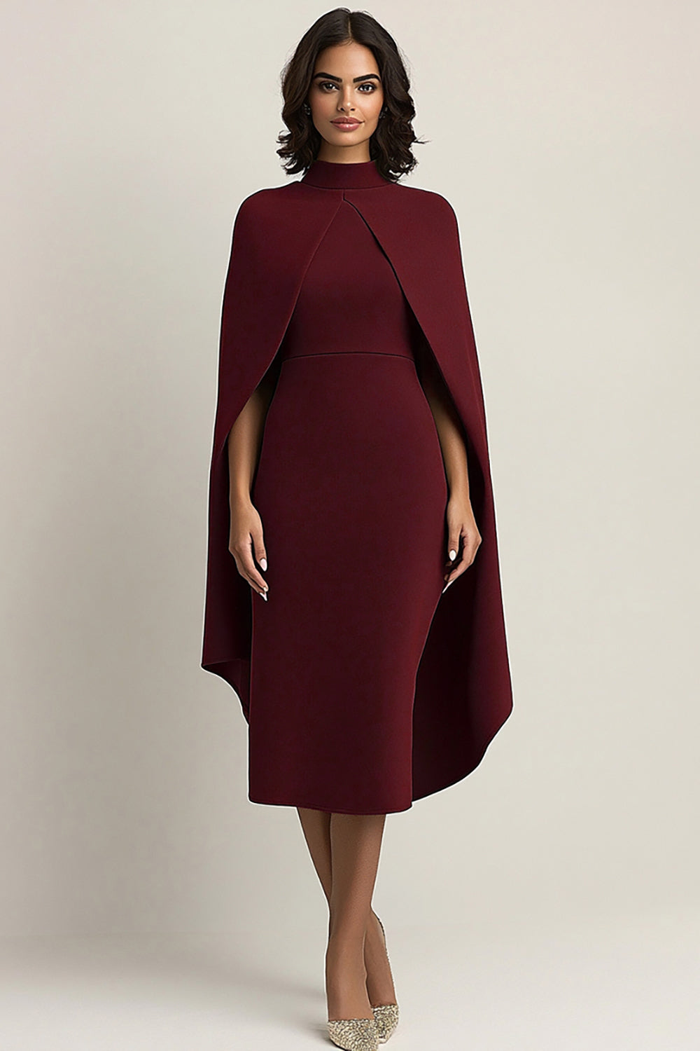 Simple Burgundy High Neck Sheath Formal Dress with Shawl