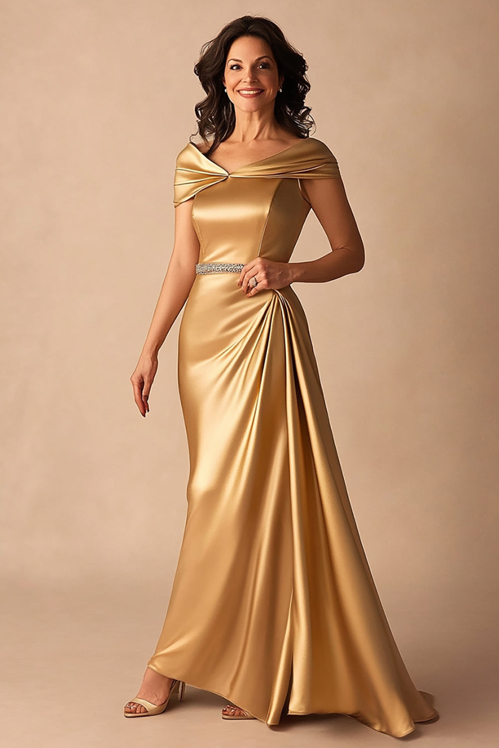 Off the Shoulder A Line Gold Long Formal Dress