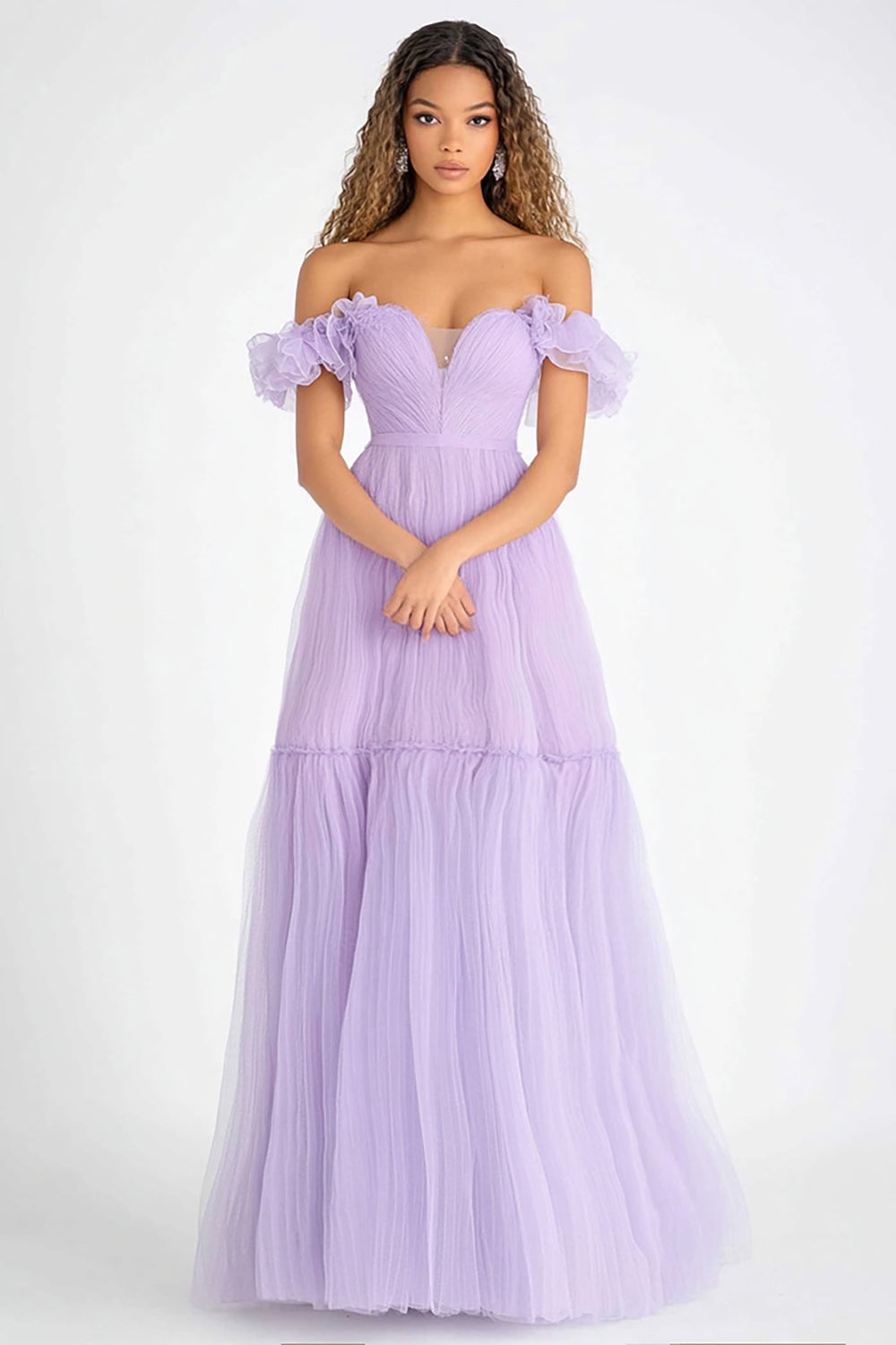 Lilac A Line Off the Shoulder Tulle Long Formal Dress