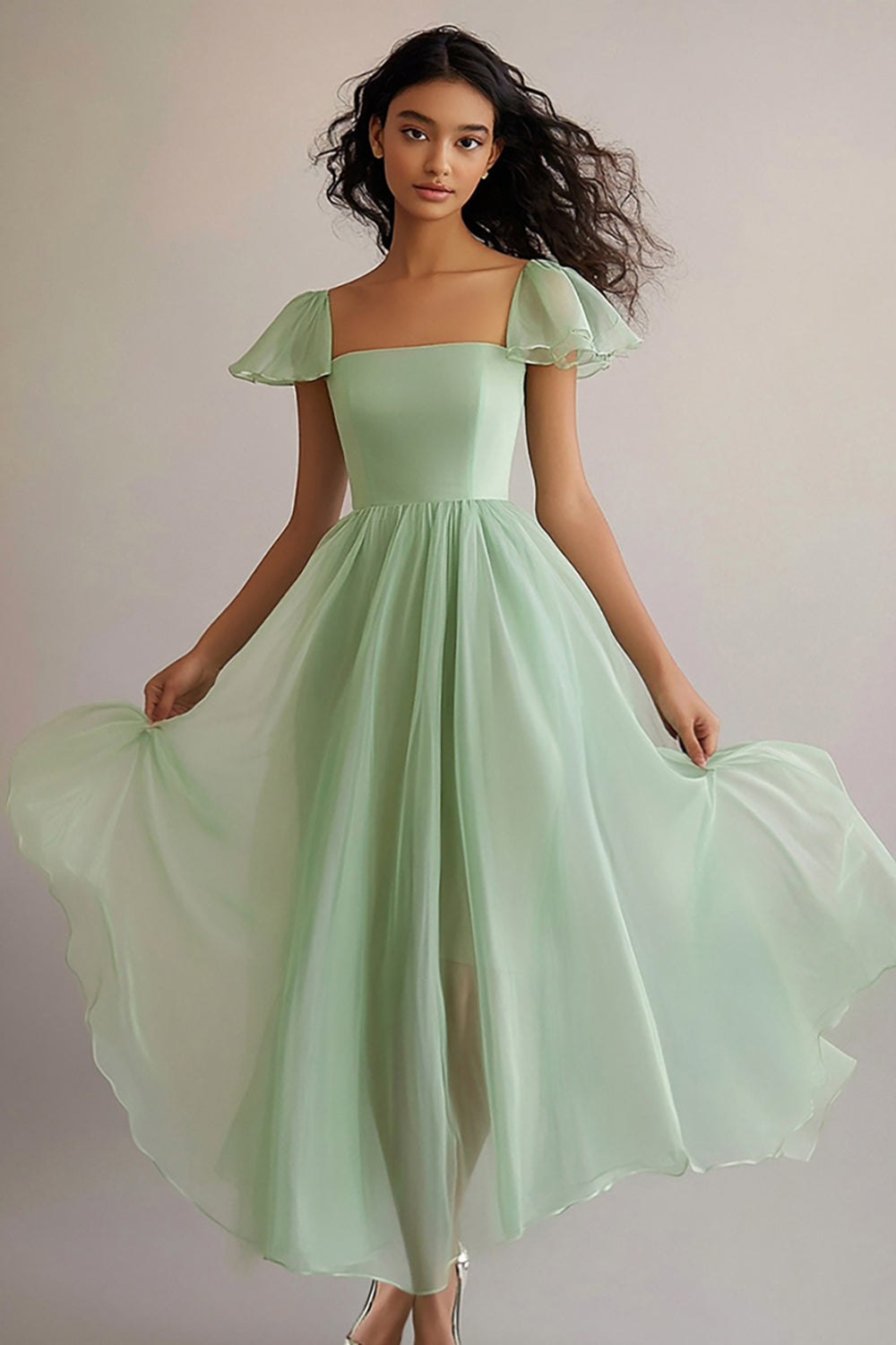 Square Neck Long A Line Light Green Formal Dress
