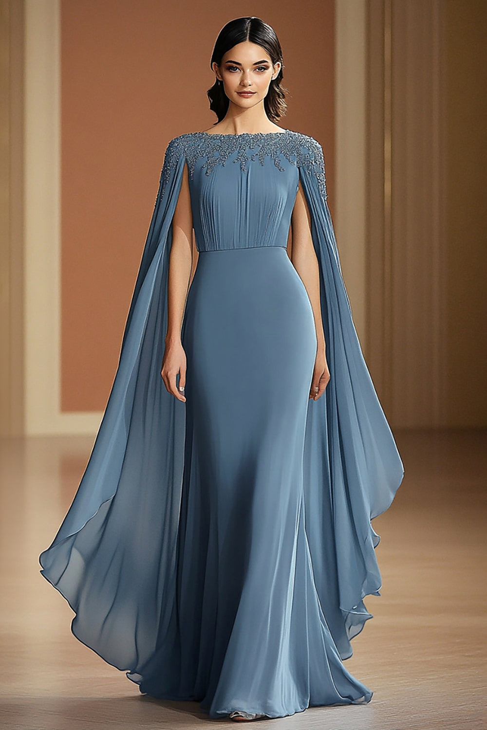 Chiffon Long Grey Blue Sheath Formal Dress with Shawl
