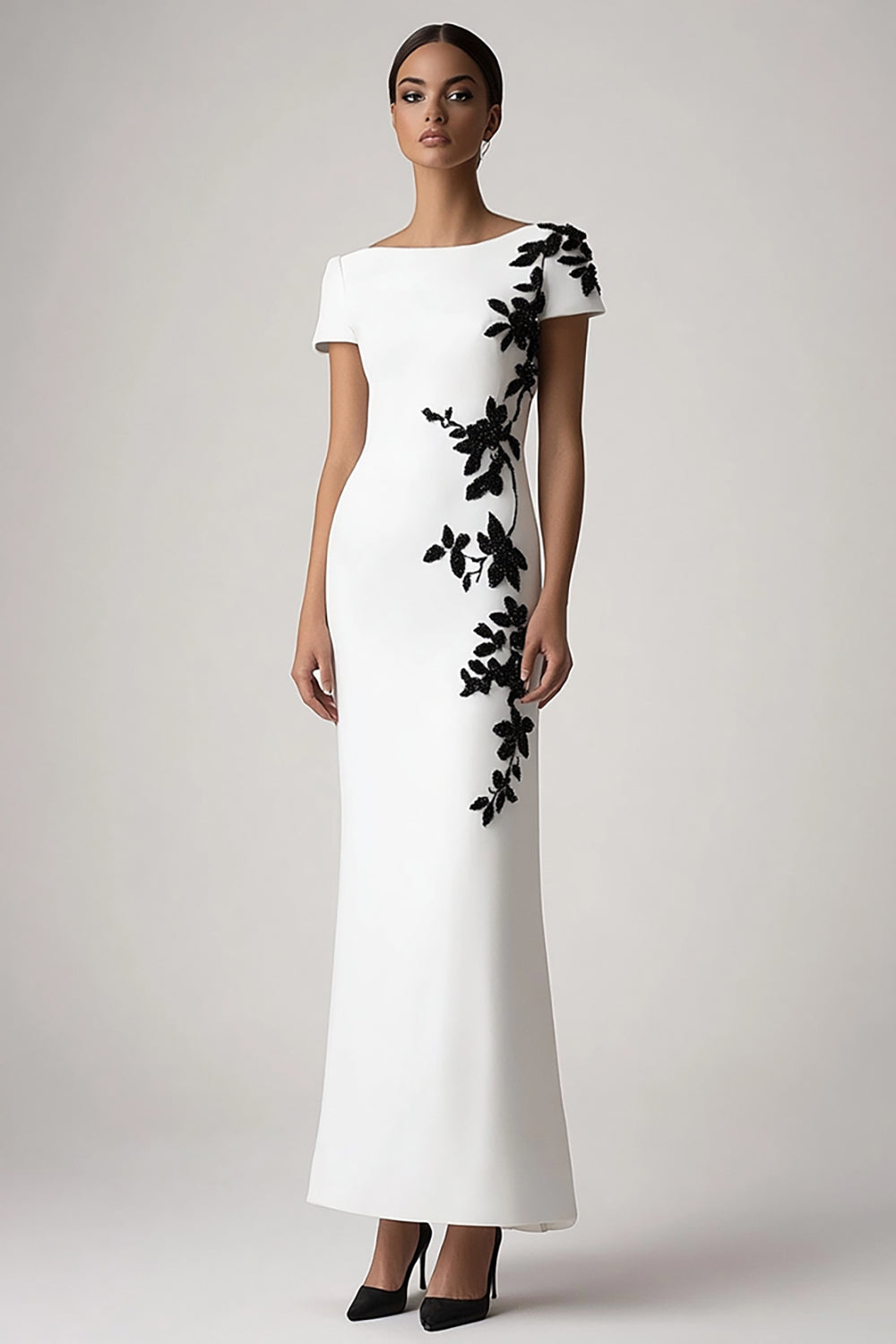 White Sheath Appliqued Long Formal Dress with Short Sleeves