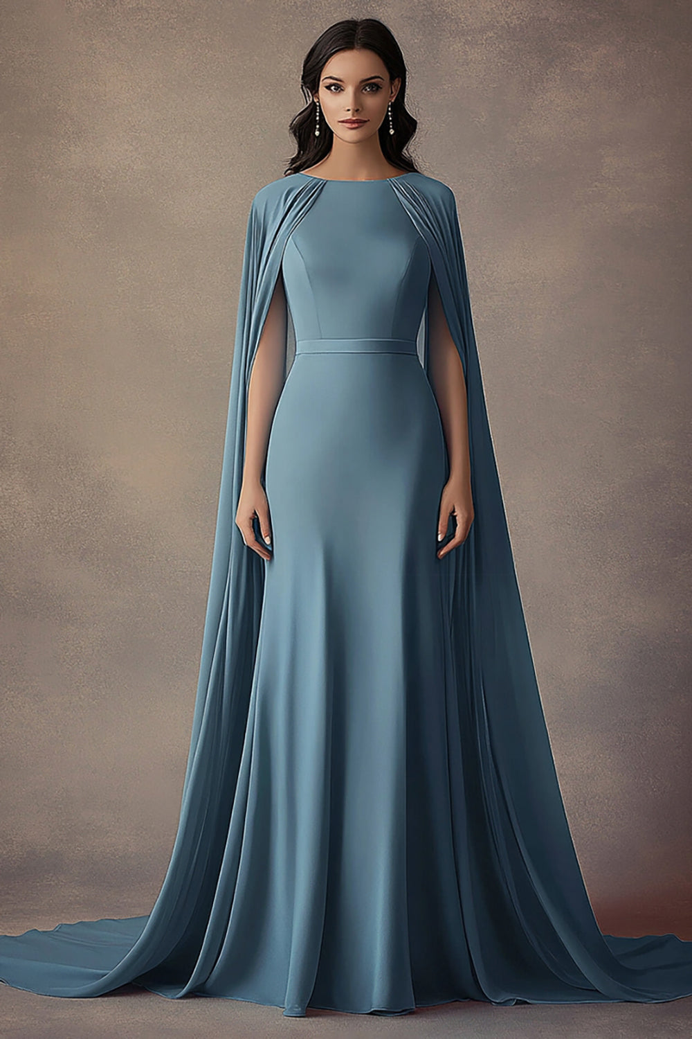 Round Neck Long Ruched Grey Blue Formal Dress with Shawl