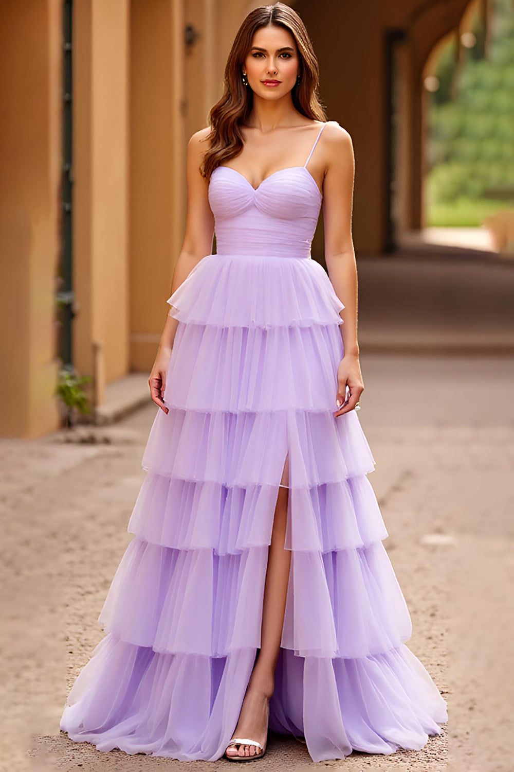 Spaghetti Straps Lilac Tiered Long Prom Dress with Slit