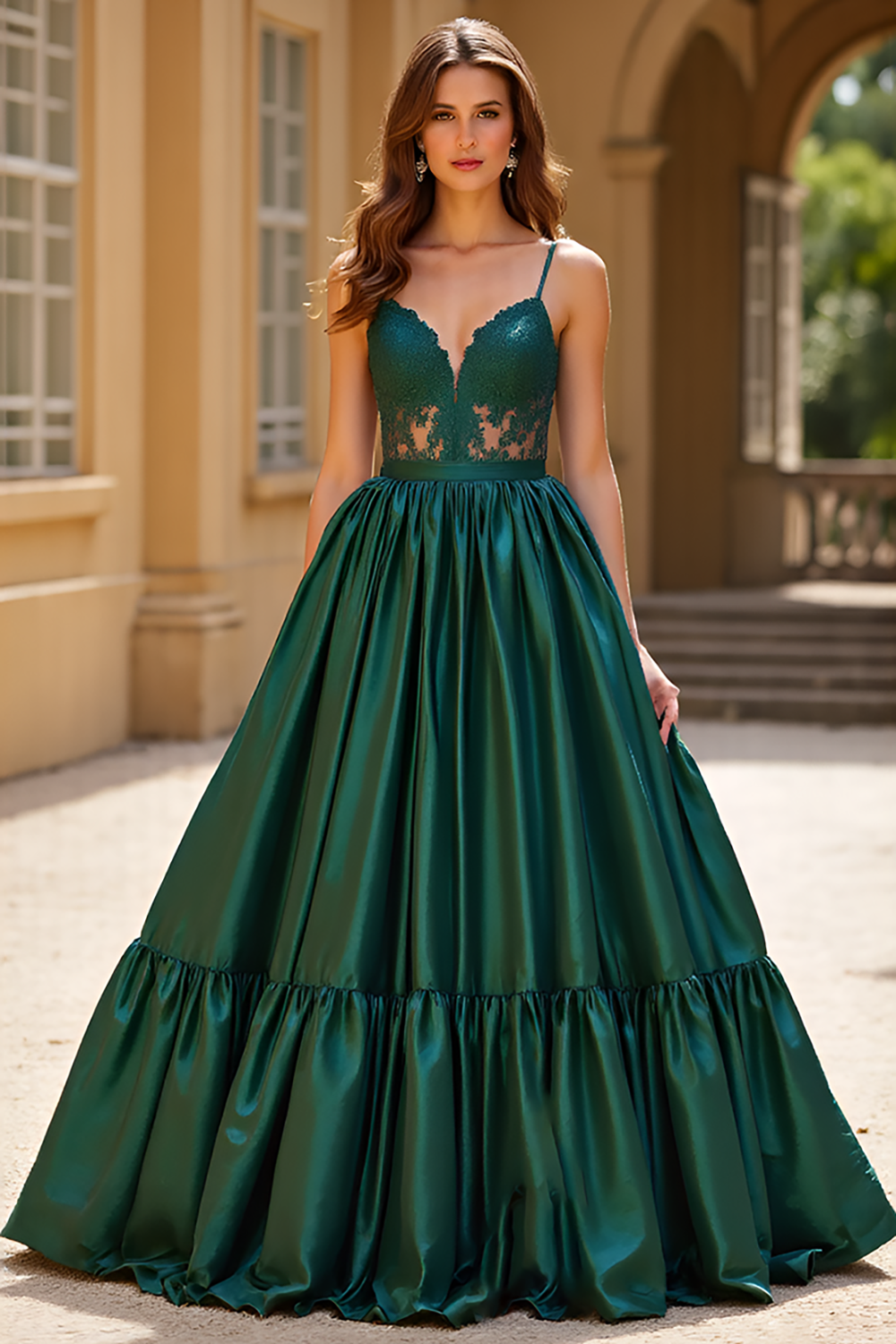 Dark Green Ball Gown Lace V-Neck Long Prom Dress