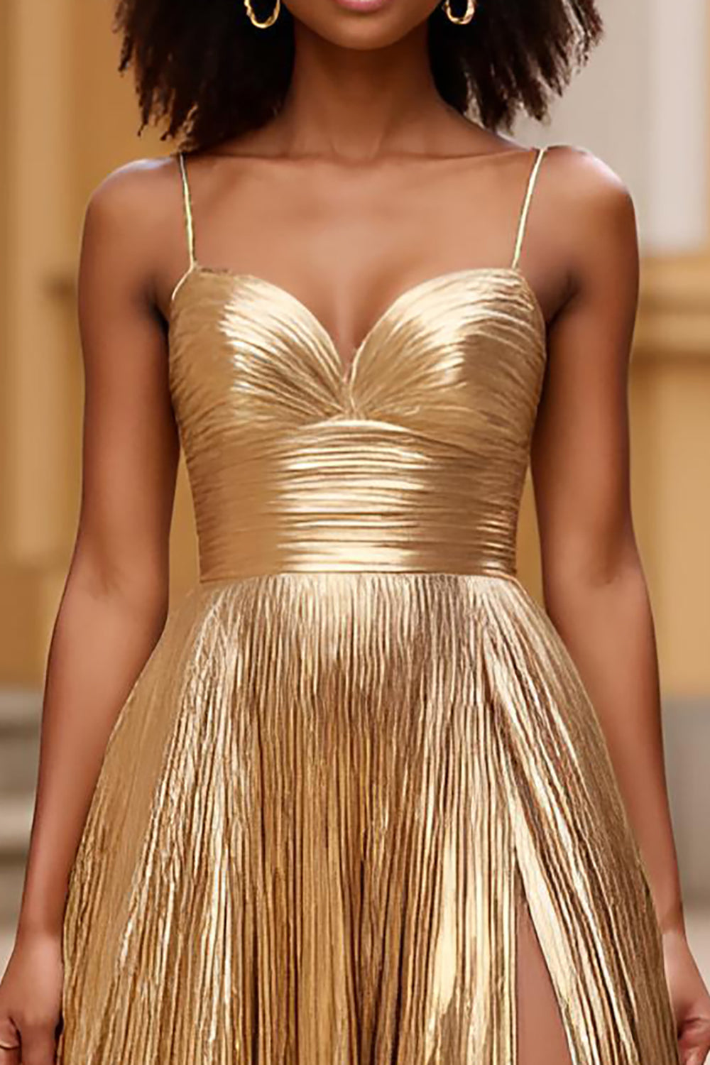 Sweetheart Long Glitter Gold A Line Prom Dress with Slit