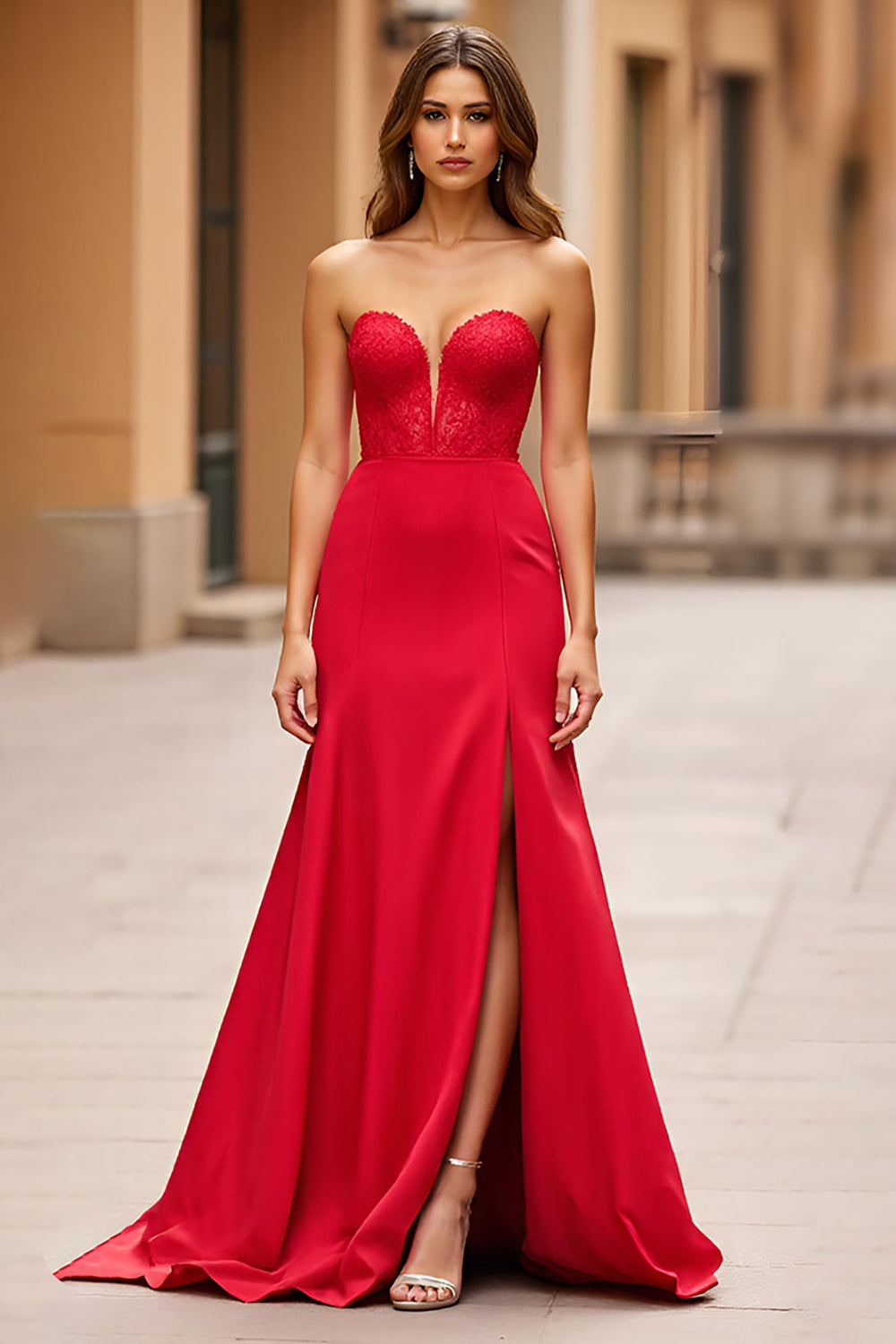 Satin Red Strapless Lace Long Prom Dress with Slit
