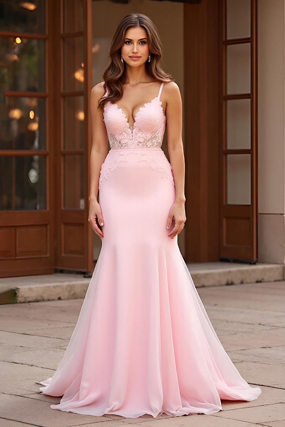 Spaghetti Straps Pink Lace Long Prom Dress