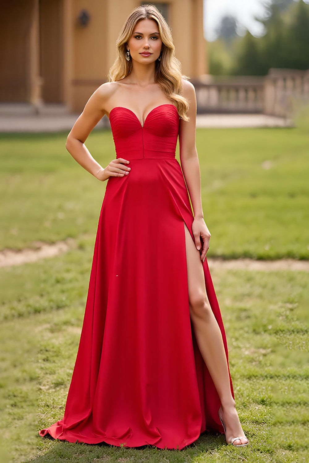 Sweetheart Satin Red Long Prom Dress with Slit