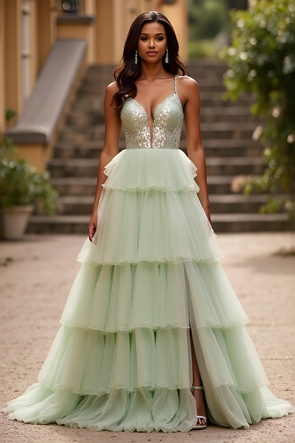 Tulle Tiered Light Green A Line Long Prom Dress with Slit