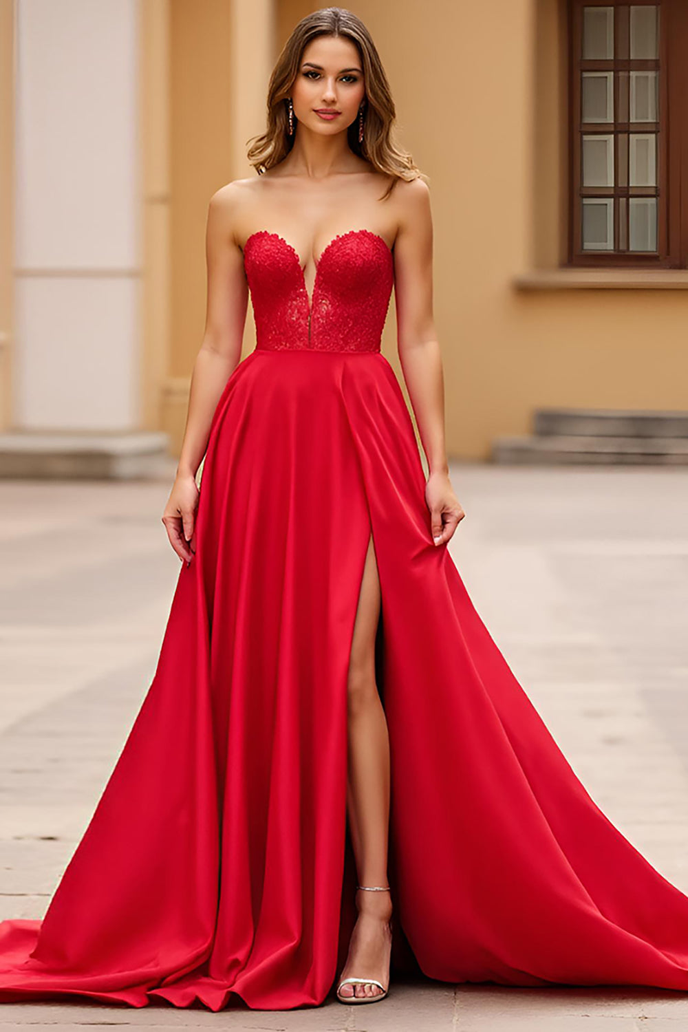 Strapless Satin Red Long Prom Dress with Slit