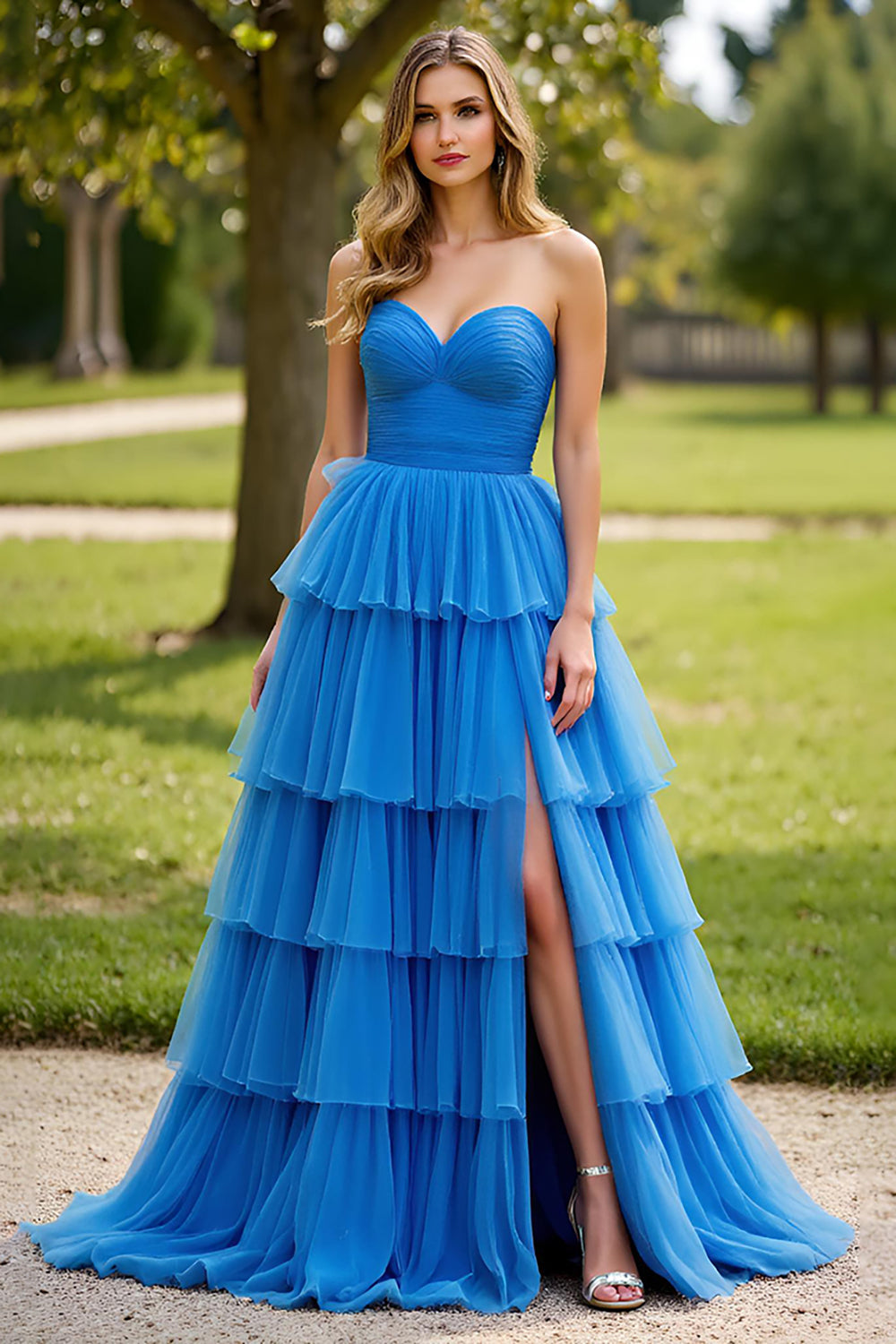 A Line Strapless Blue Long Prom Dress with Slit