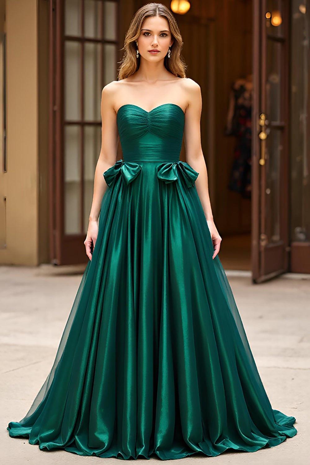 Long A Line Dark Green Sweetheart Prom Dress with Bow