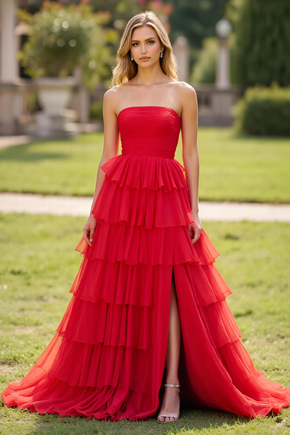Red Square Neck Tiered Long A Line Prom Dress with Slit