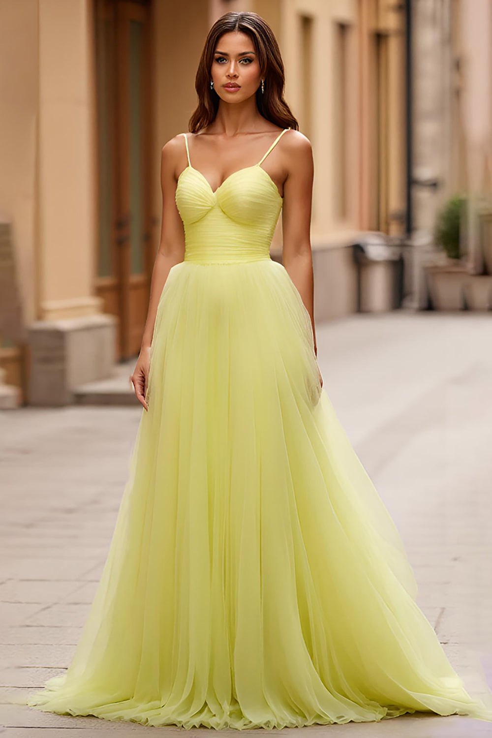Spaghetti Straps A Line Yellow Long Prom Dress