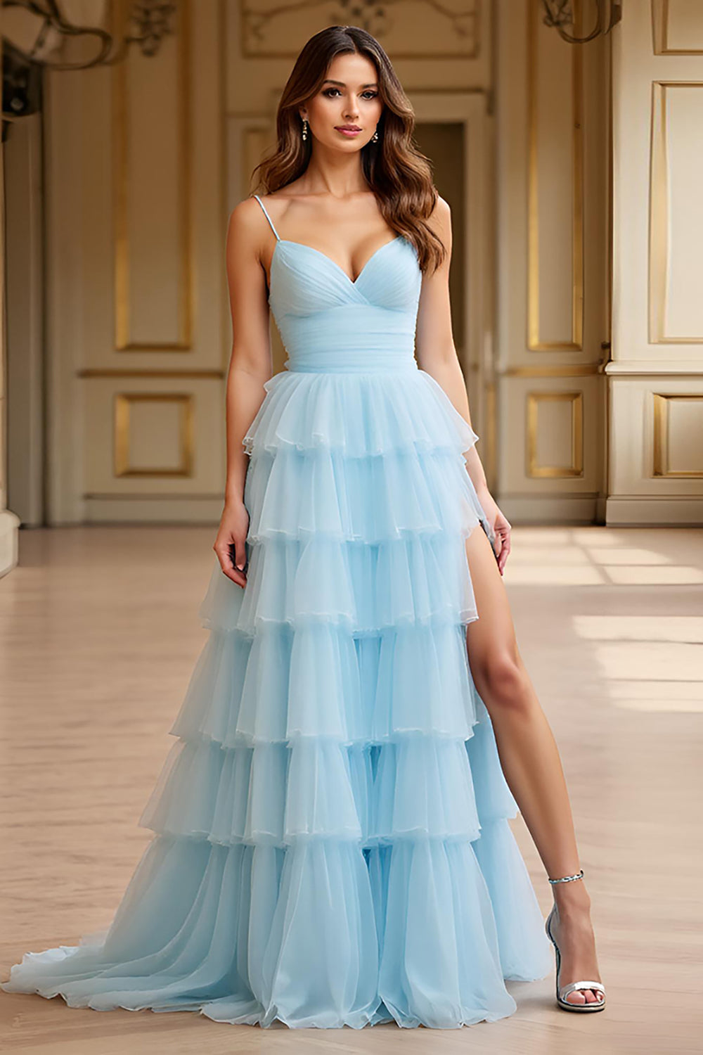 Spaghetti Straps Sky Blue Tiered Long Prom Dress with Slit