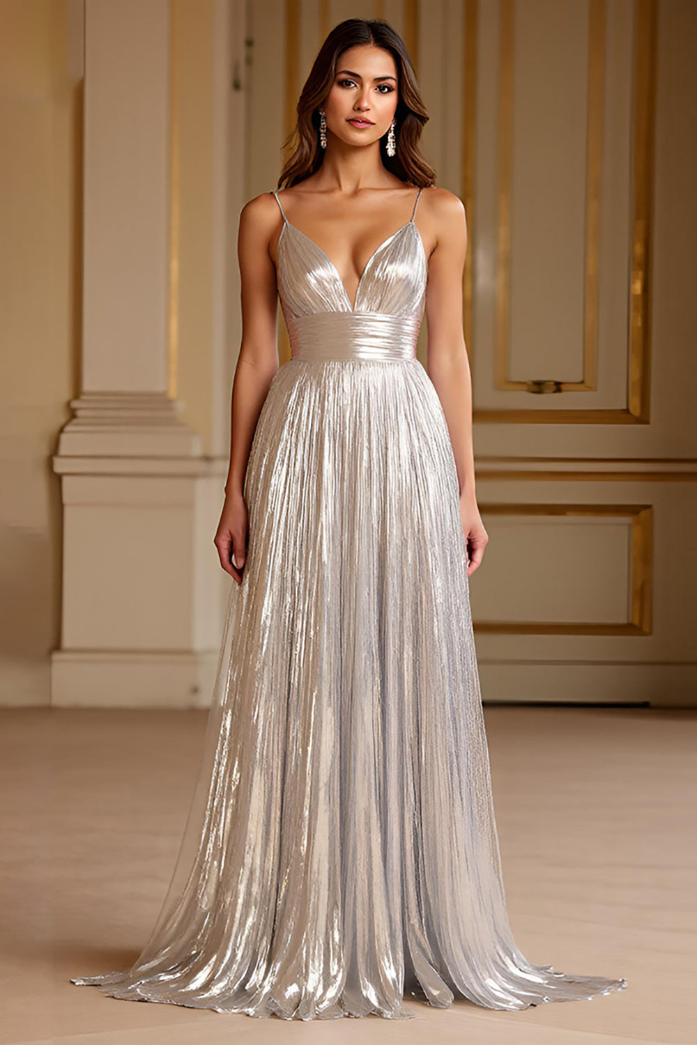 Deep V-Neck Silver Glitter Long Prom Dress