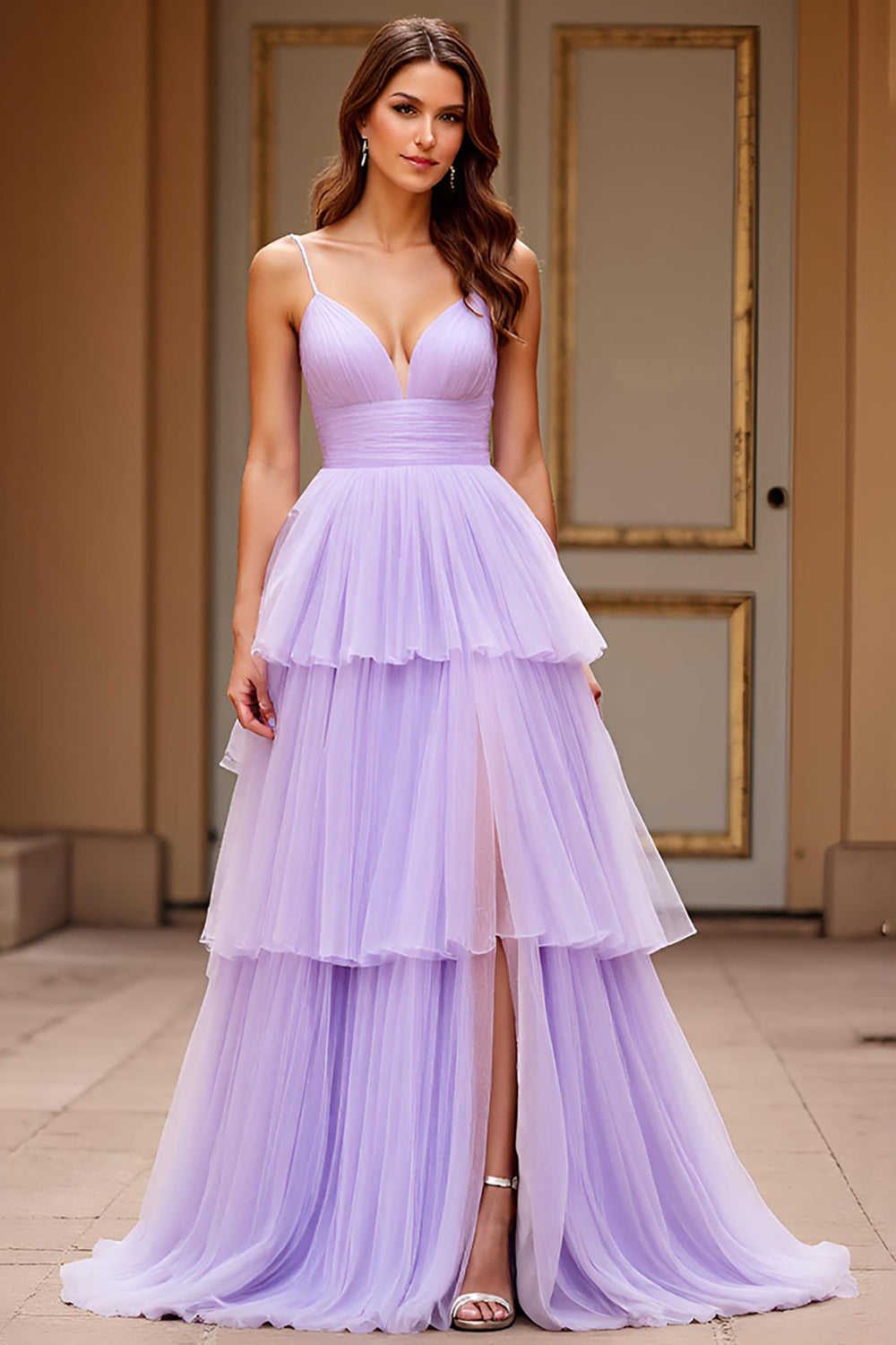 Tulle A Line Lilac Tiered Long Prom Dress with Slit