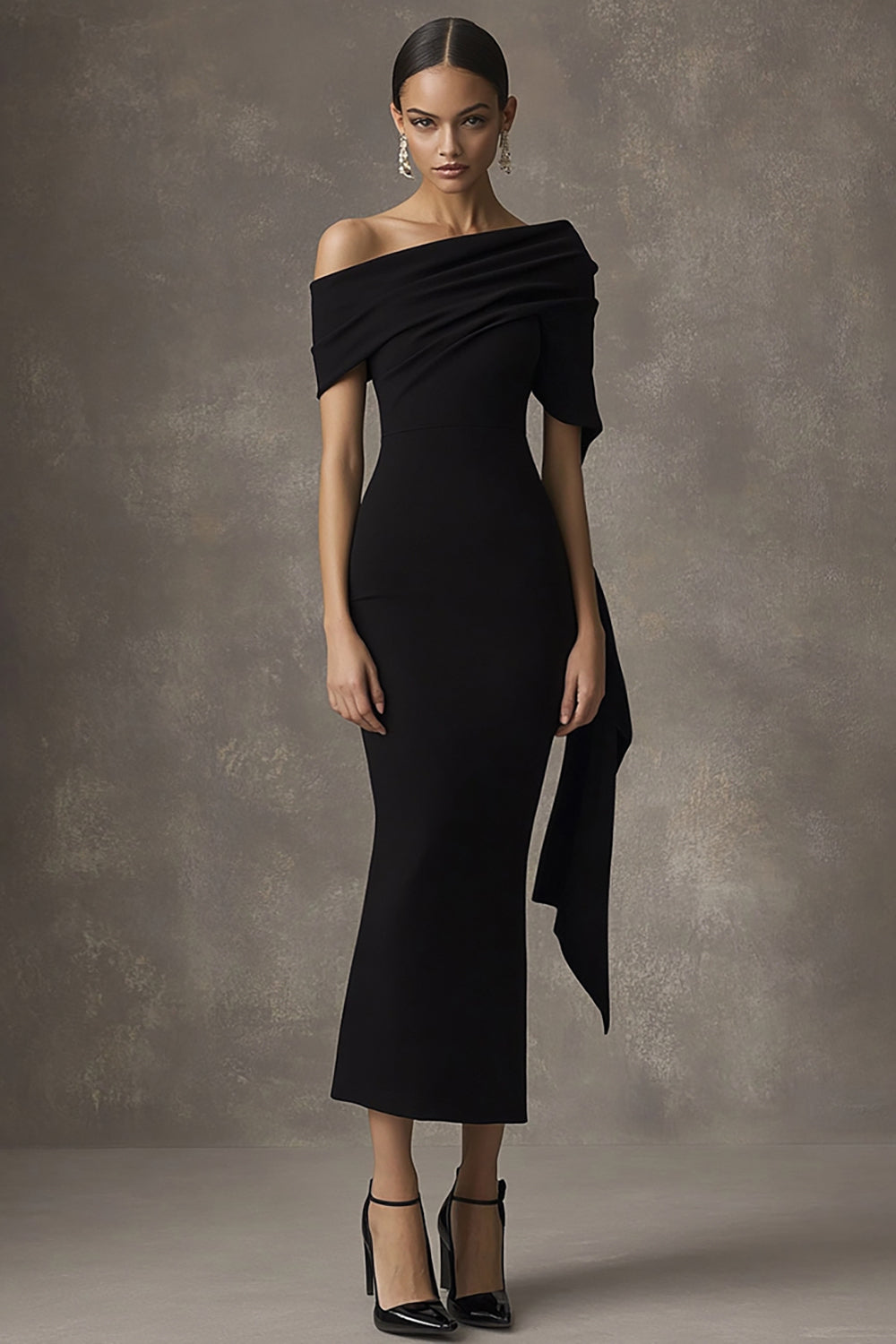 Black Satin Sheath One Shoulder Long Formal Dress
