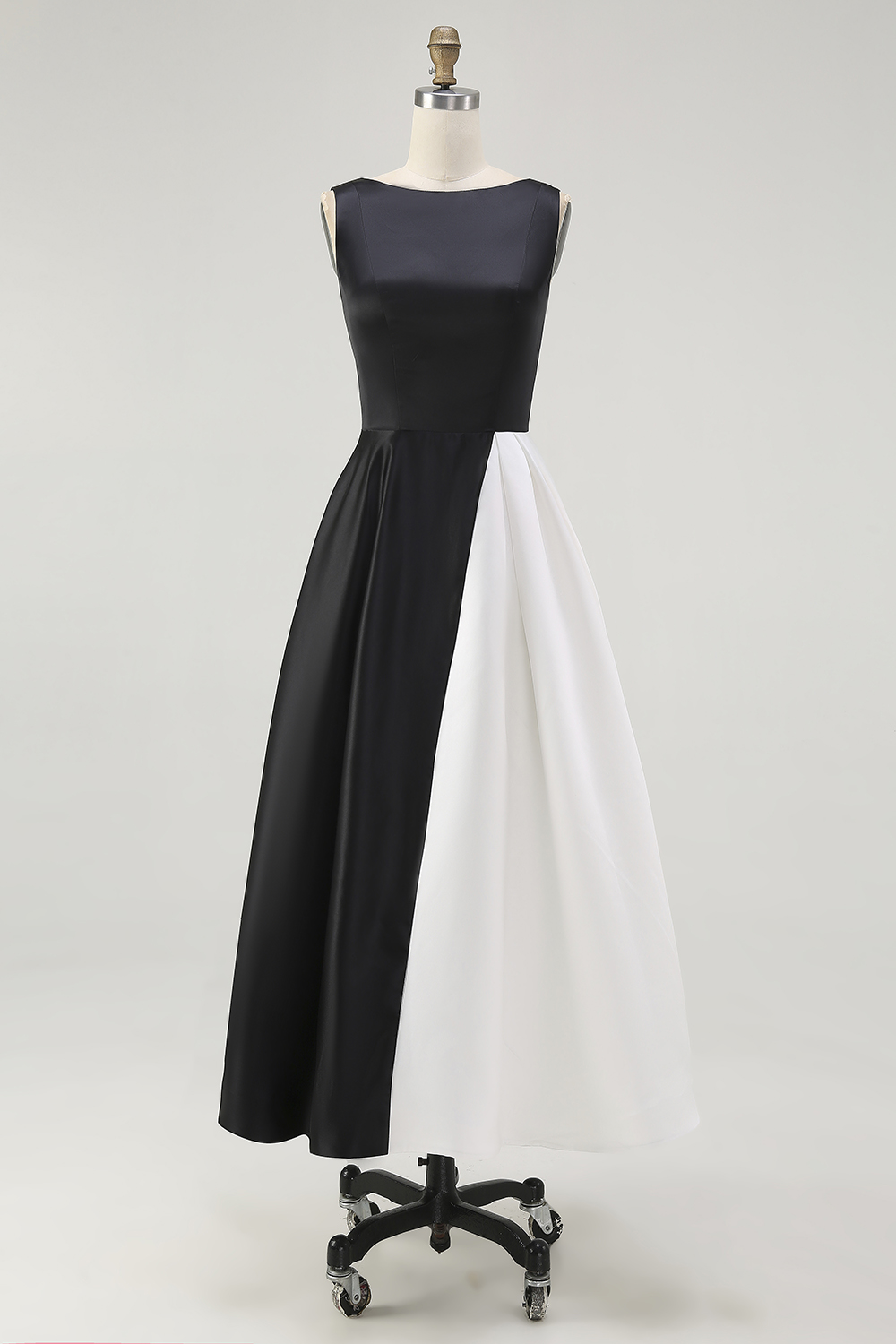 Black White Satin Boat Neck A Line Long Formal Dress