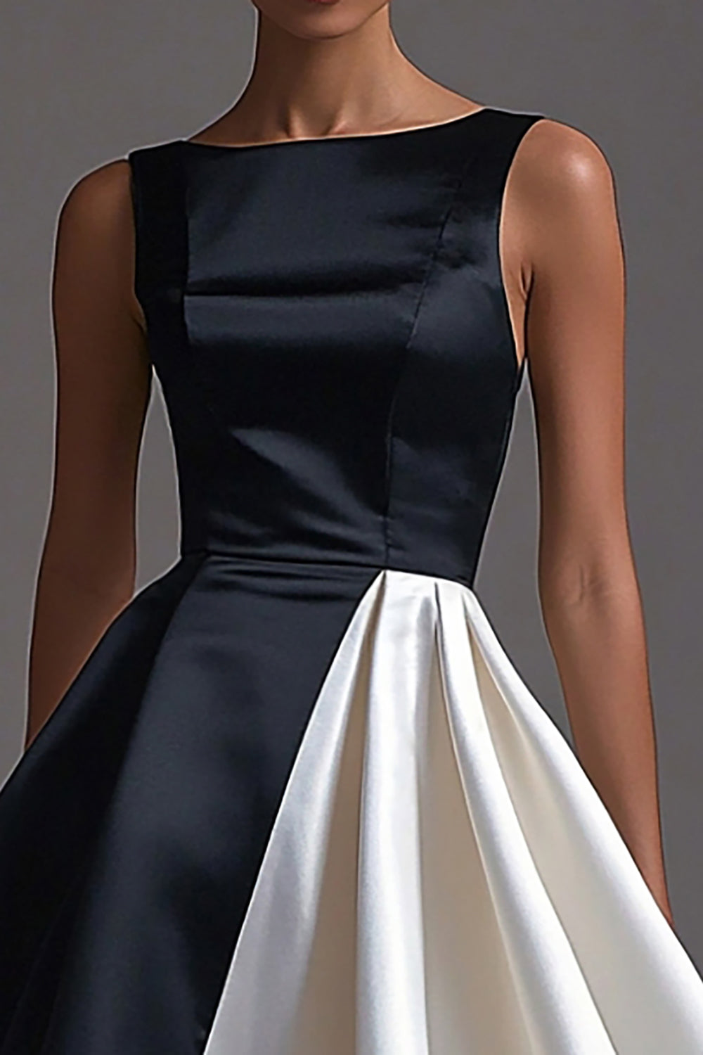 Black White Satin Boat Neck A Line Long Formal Dress