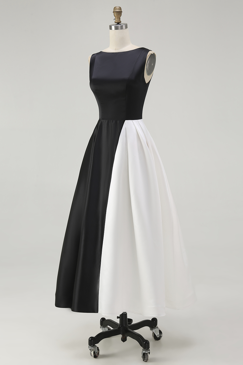 Black White Satin Boat Neck A Line Long Formal Dress