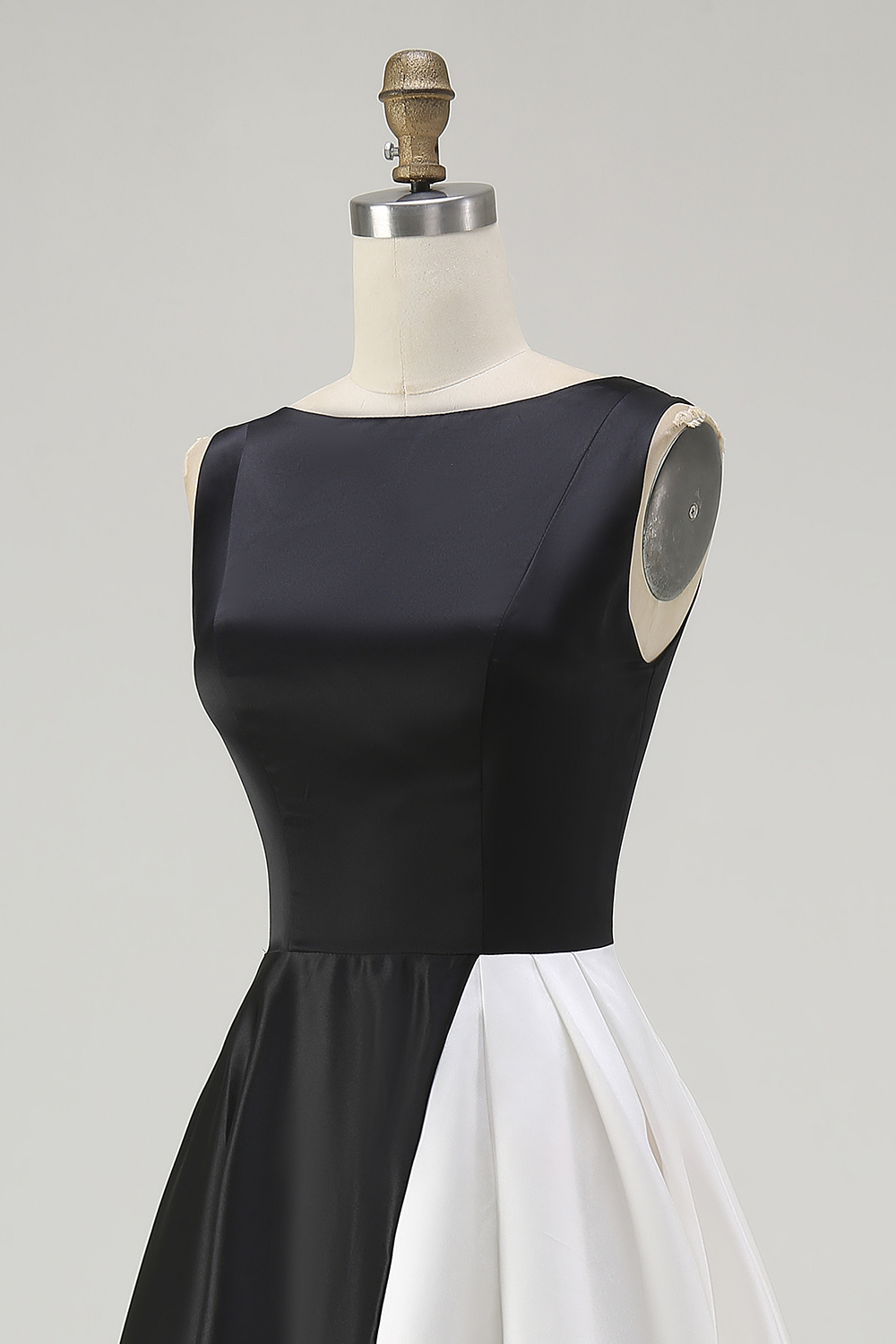 Black White Satin Boat Neck A Line Long Formal Dress