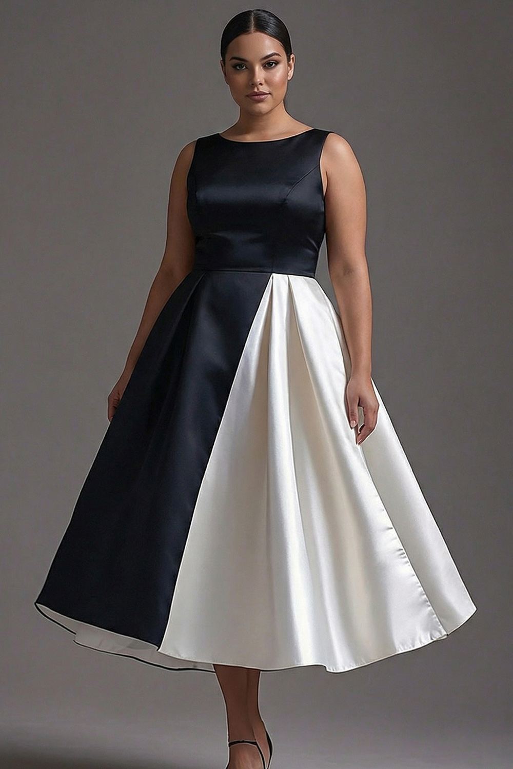 Black White Patchwork Satin Boat Neck A Line Long Formal Dress