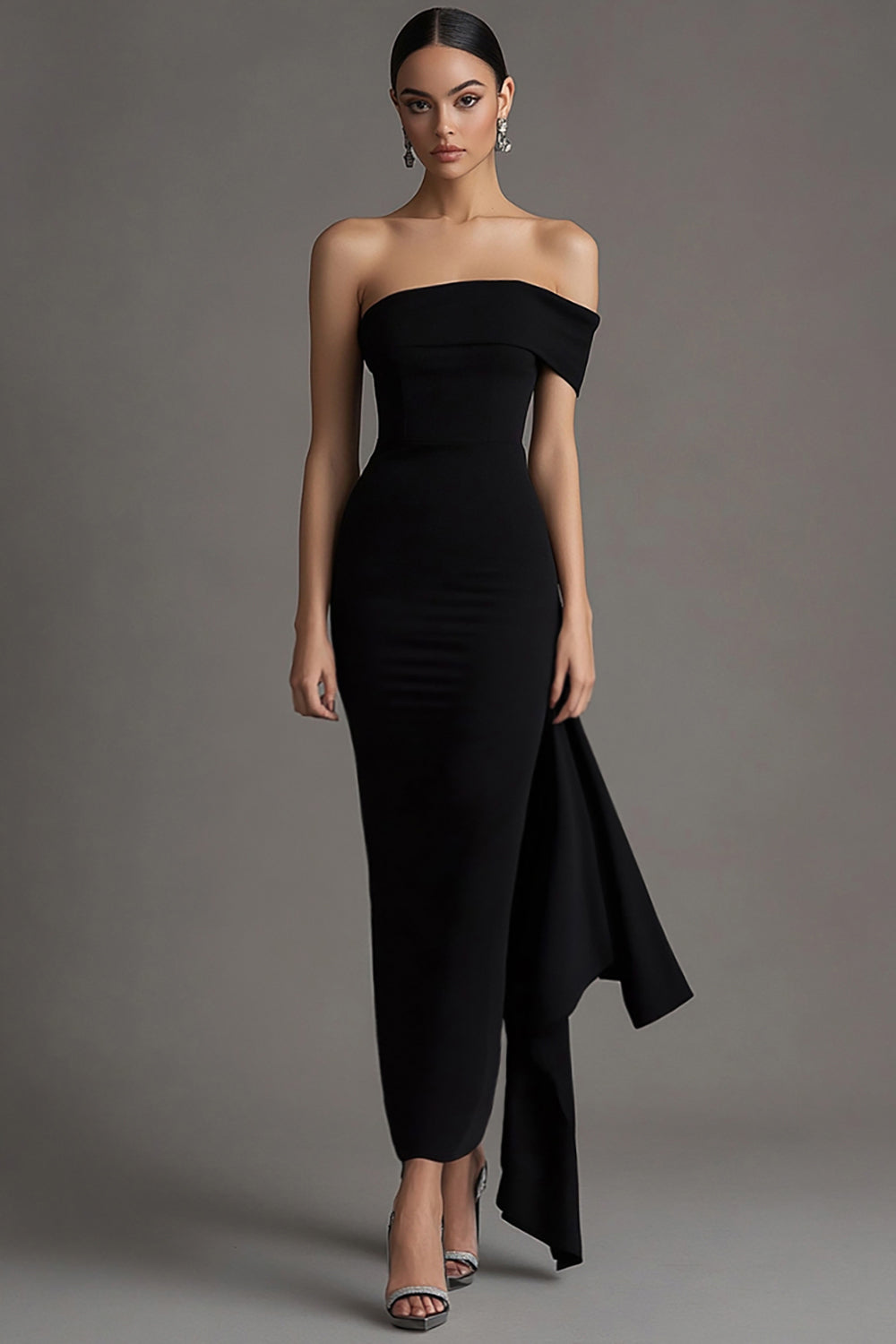 One Shoulder Black Sheath Long Formal Dress with Streamer