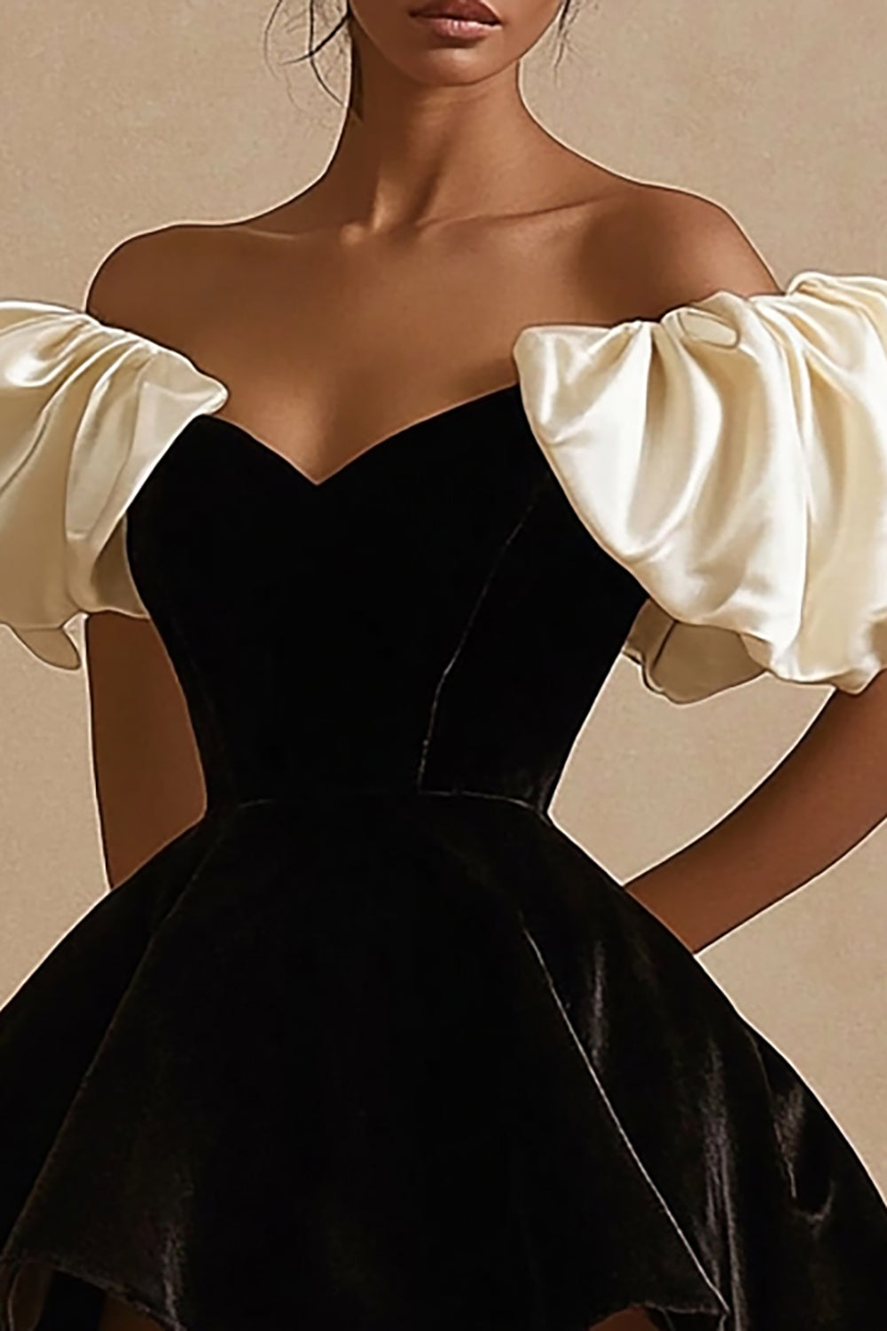 A Line Black Ivory Velvet Short Cocktail Dress with Ruffles