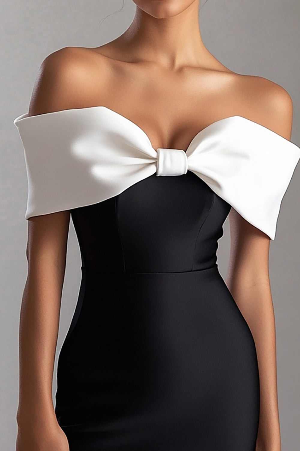 Black White Satin Tight Off The Shoulder Short Cocktail Dress with Bow