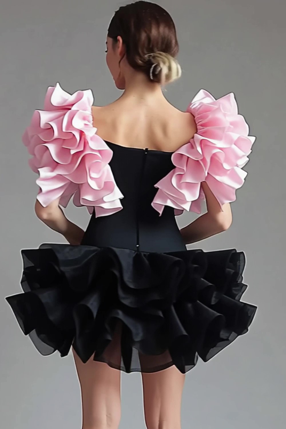Black Pink Satin Square Neck A Line Short Cocktail Dress with Ruffles