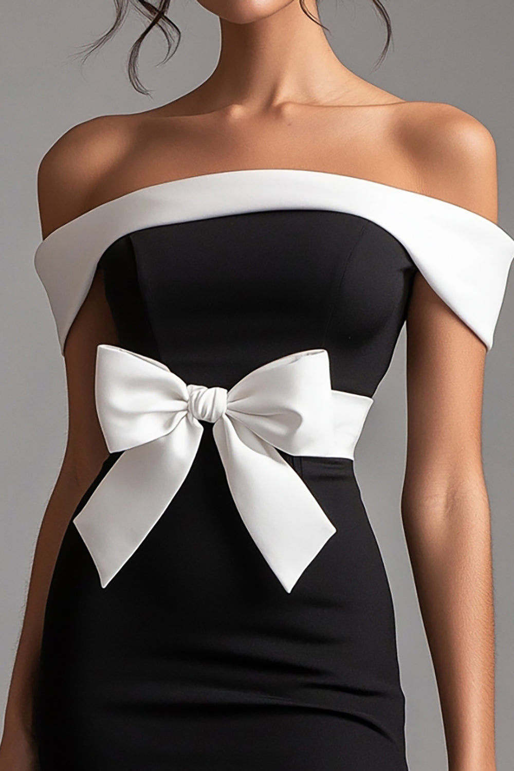 Black and White Satin Off the Shoulder Tight Short Cocktail Dress with Bow