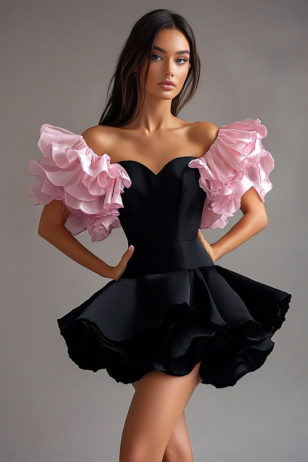 Black Pink Velvet A Line Off The Shoulder Short Dress with Ruffles