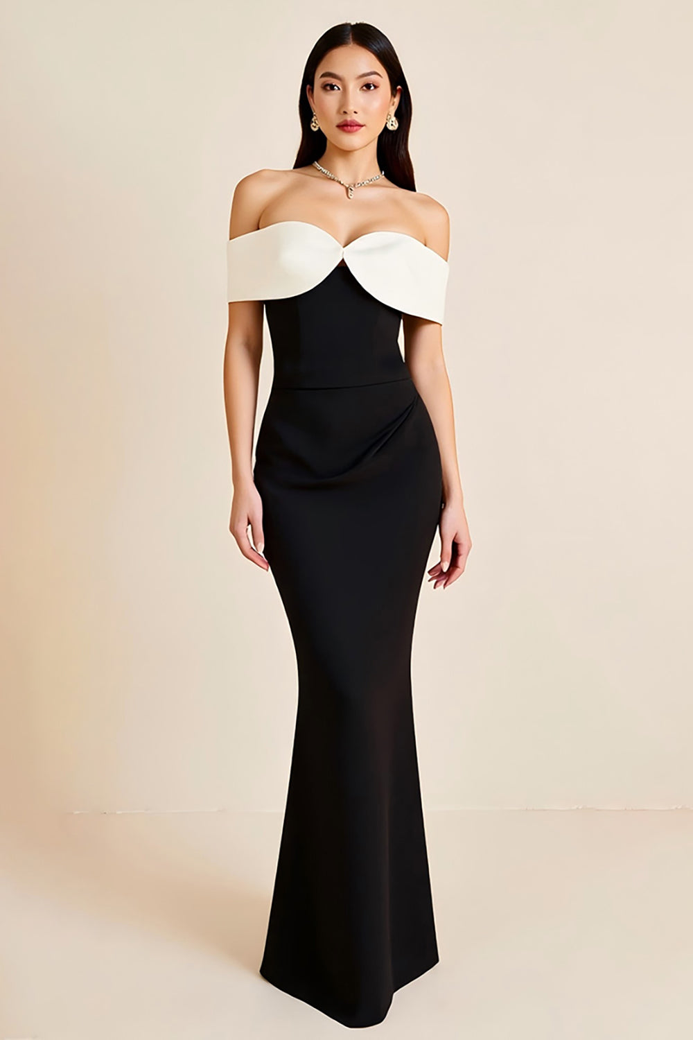 Black and White Satin Mermaid Off the Shoulder Long Formal Dress