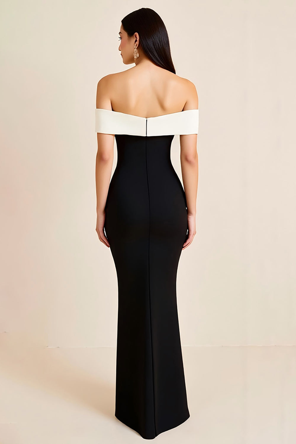 Black and White Satin Mermaid Off the Shoulder Long Formal Dress