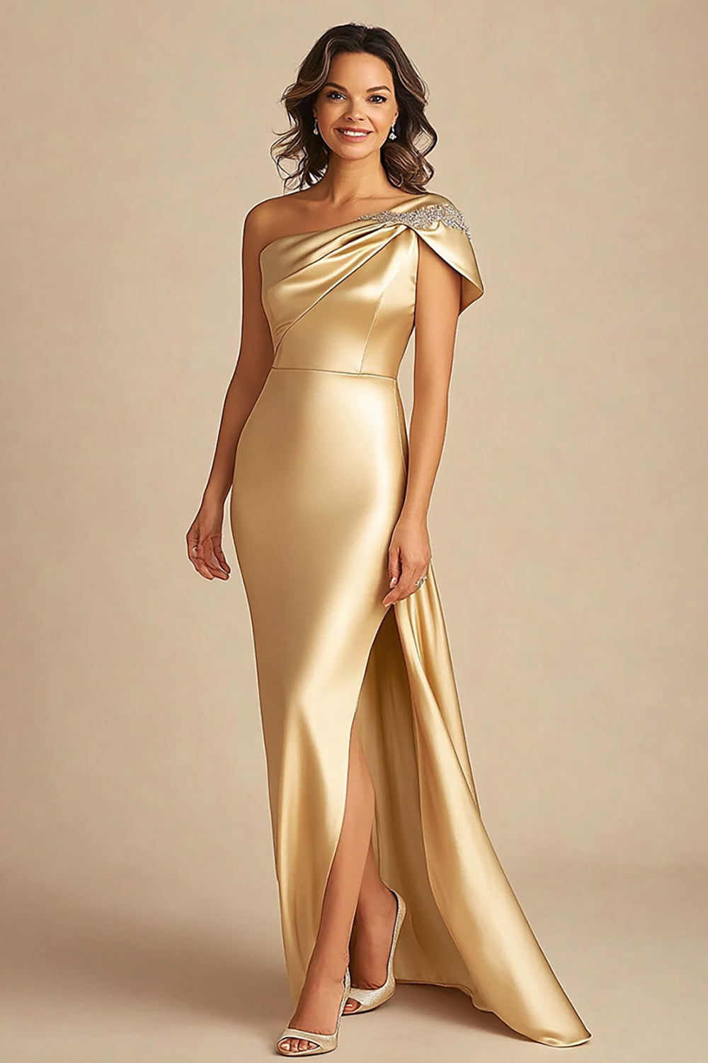 One Shoulder Sheath Gold Long Formal Dress with Slit