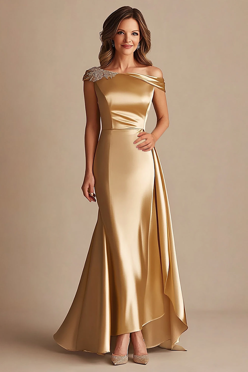 Off the Shoulder Sheath Gold Satin Long Formal Dress