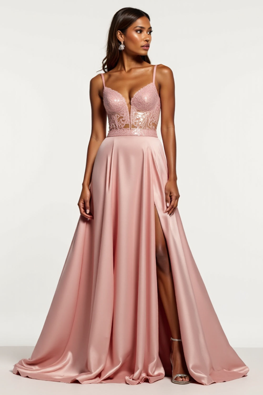 A Line Satin Corset Dusty Rose V-Neck Long Prom Dress with Slit