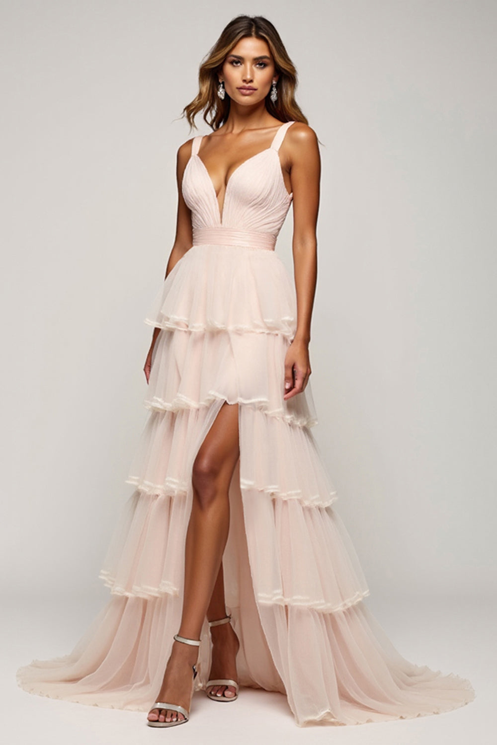 Tulle Tiered Candy Pink A Line V-Neck Long Prom Dress with Slit