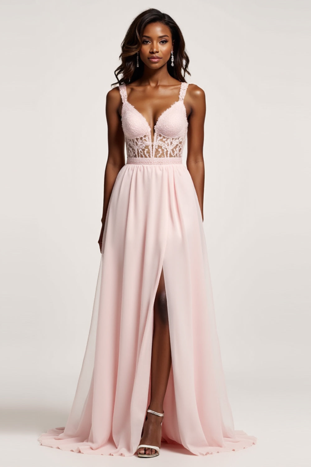 A Line Chiffon Corset Candy Pink Deep V-Neck Long Prom Dress with Slit
