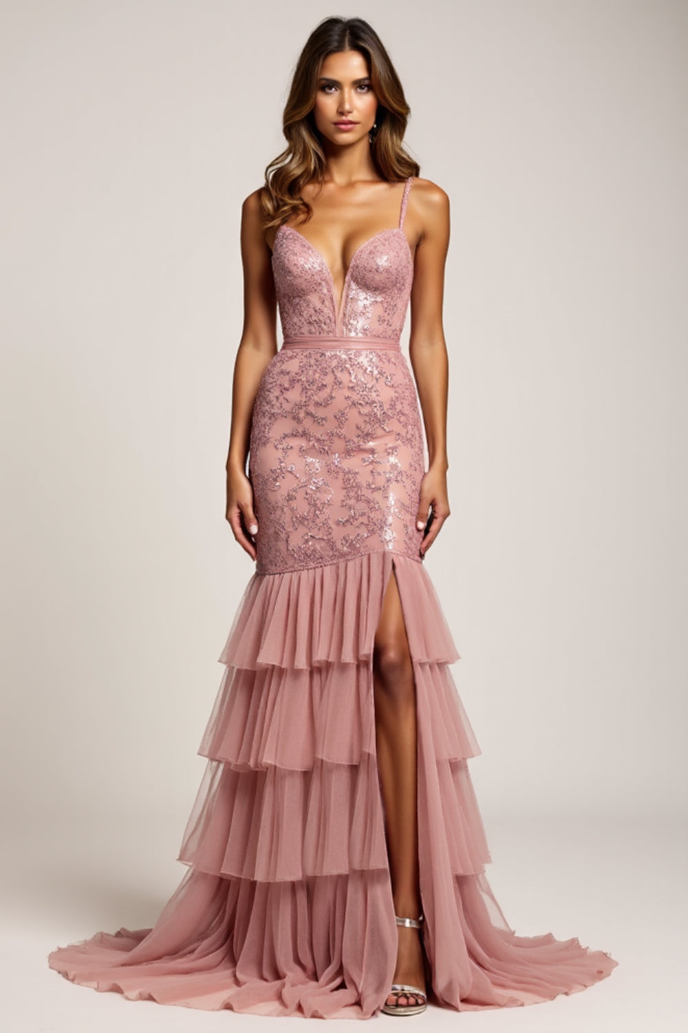 Sheath Deep V-Neck Dusty Rose Long Prom Dress with Silt